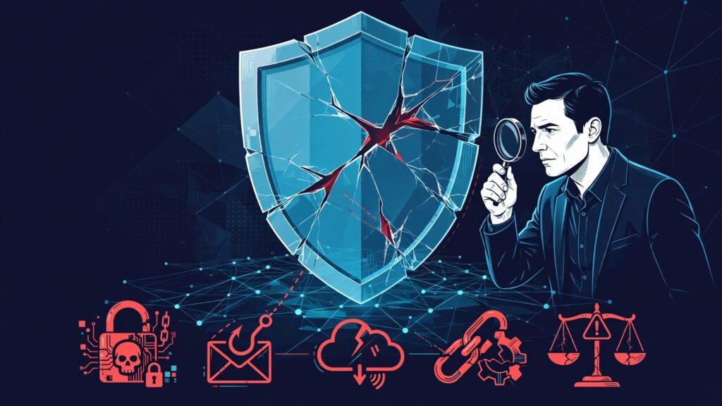 Executive inspecting a cracked shield over a digital network with cyber threats beneath.