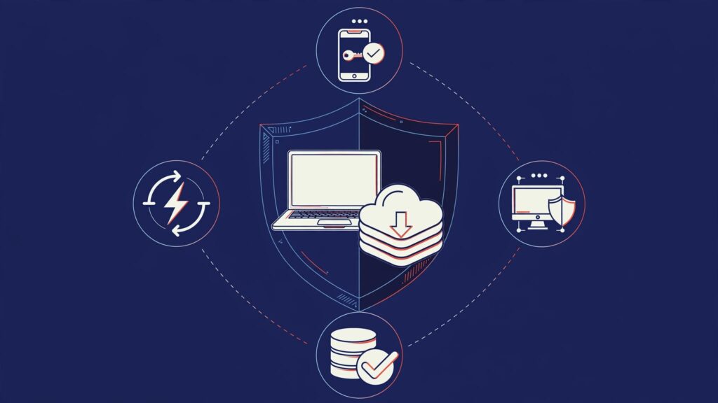 A shield protects a laptop and cloud backup, with cybersecurity symbols arranged around it.