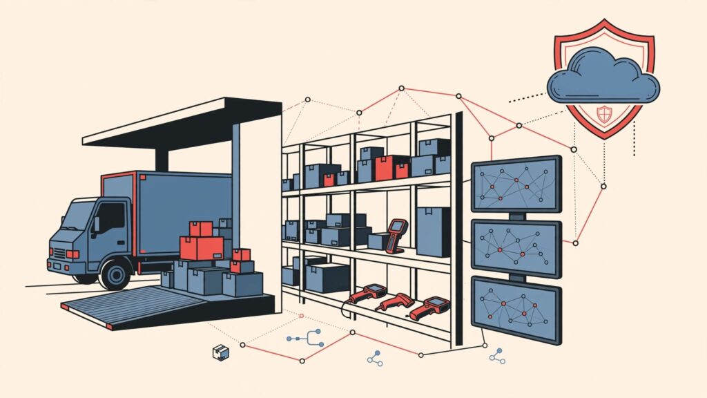 A warehouse truck, packages, scanners, and screens linked by a red shield.