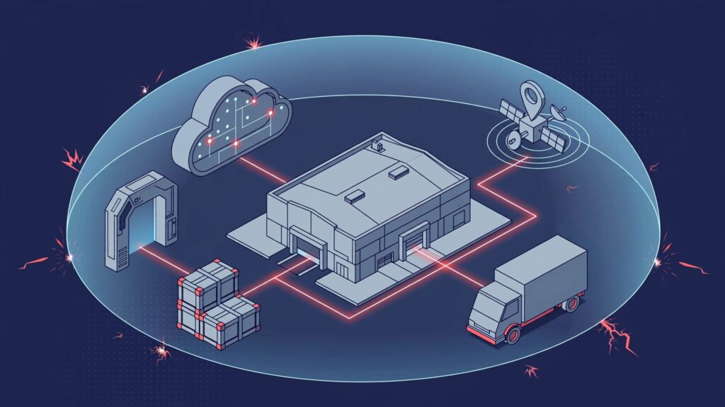 A warehouse network links trucks, inventory, cloud systems, and suppliers inside a protective shield.