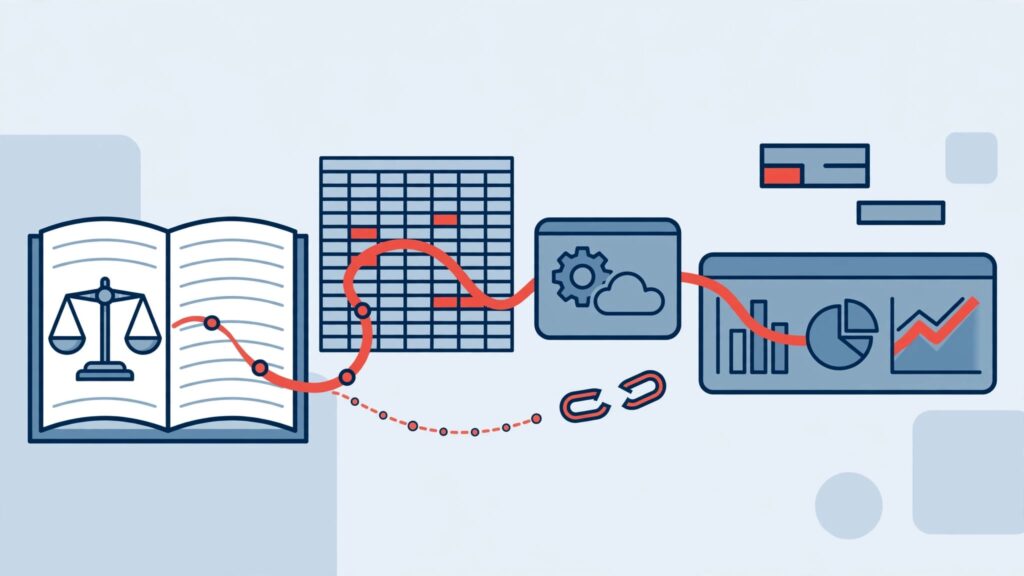 A ledger links to finance dashboards, with a red path and scattered data blocks.