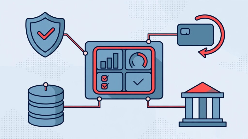 A fintech dashboard links a shield, payment flow, customer data, and banking partners.
