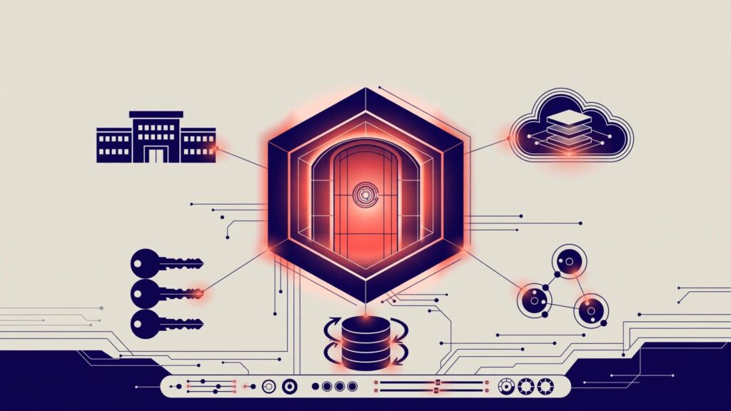 A shielded patient-record vault connects to hospitals, cloud storage, vendors, and backup systems.