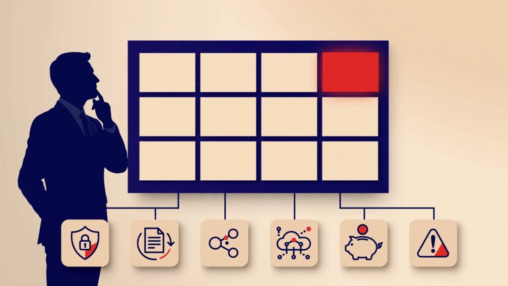 A CEO silhouette reviews a blank calendar linked to technology and risk icons.