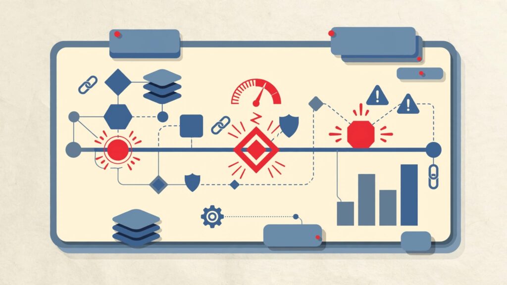 A planning board shows connected milestones, budgets, and risks, with red accents highlighting key decisions.