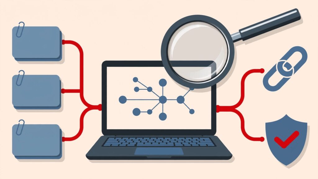 A magnifying glass examines a laptop diagram beside red paths, evidence cards, and a shield.