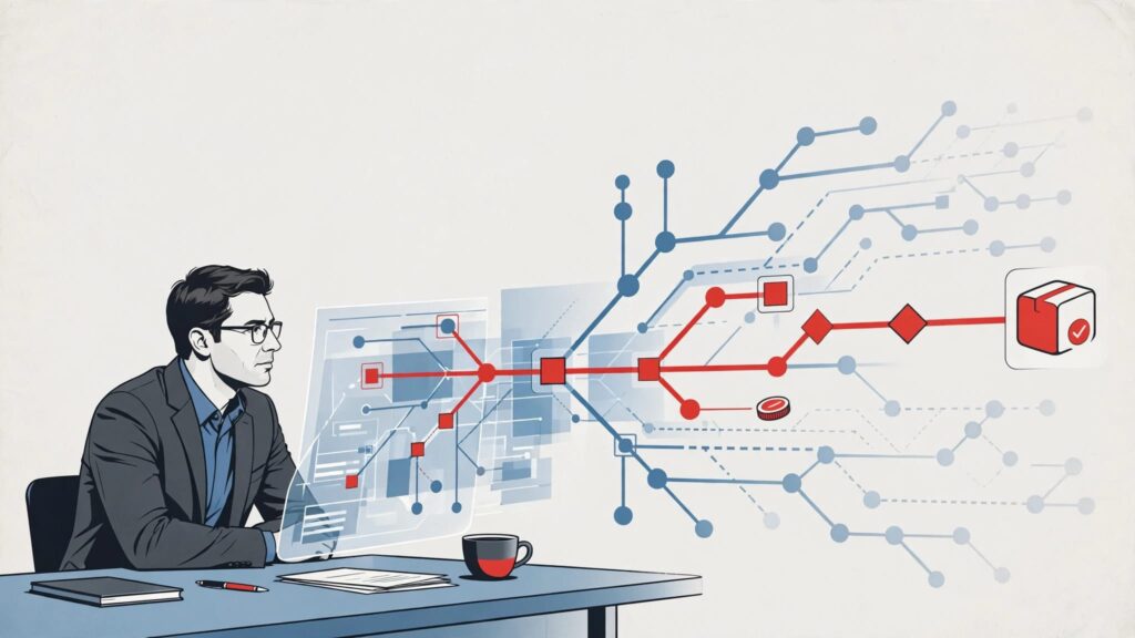 A CFO examines branching technology forecasts with costs and milestones at a desk.