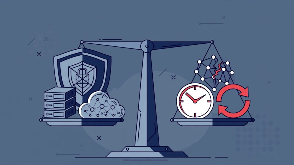 A digital shield balances server and cloud infrastructure against network disruption symbols.
