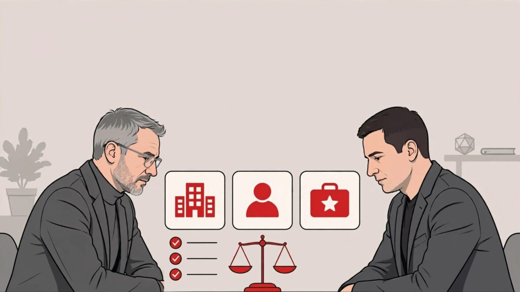 A CEO and technology advisor review reference cards, a checklist, and a balance scale.