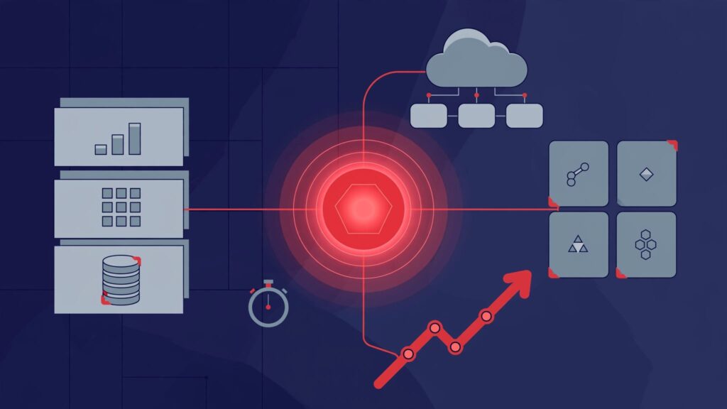 Red decision hub linking data, cloud services, vendors, and an upward growth path.