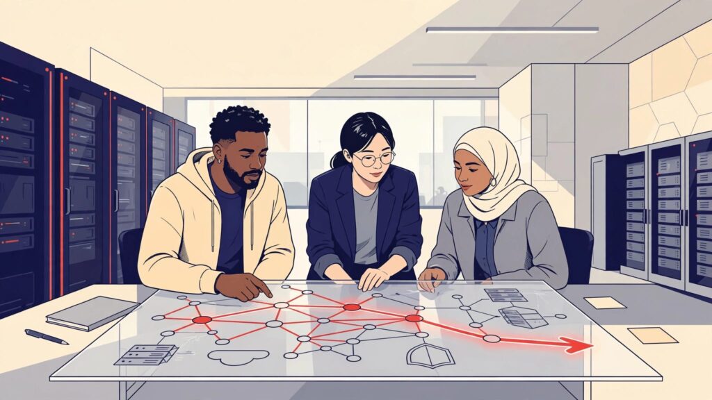 Three technology professionals review connected systems beside server racks in a bright control room.