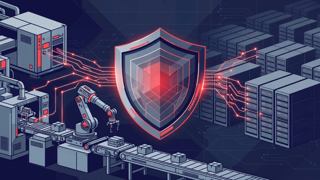 Robotic factory equipment connects to servers through glowing lines behind a protective shield.