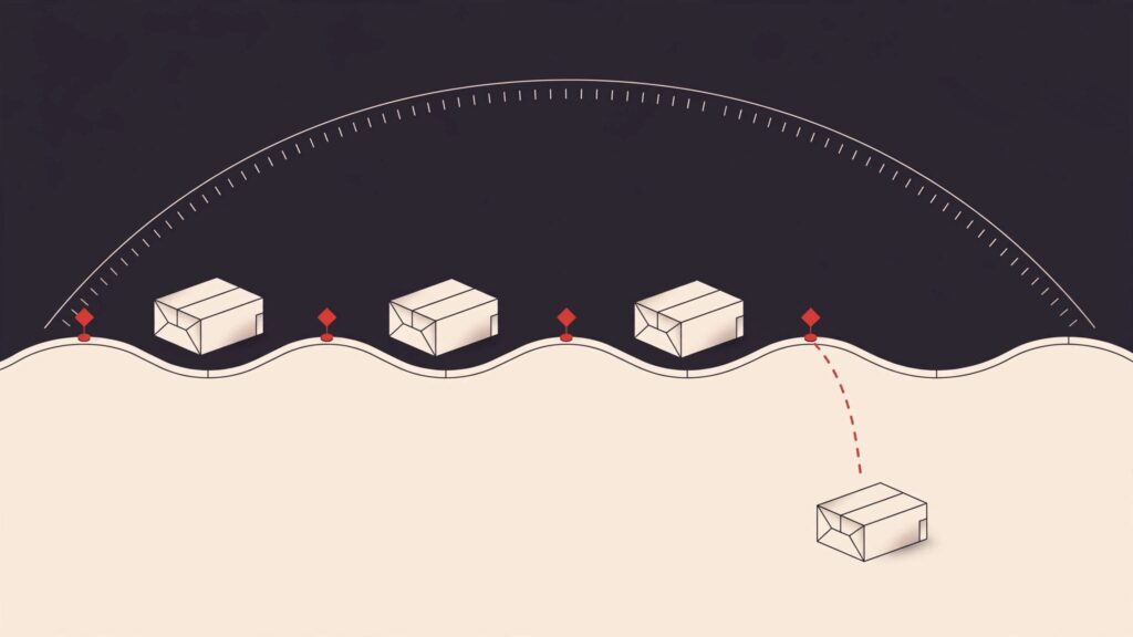 Software packages move through red checkpoints, with one delayed package outside the main flow.