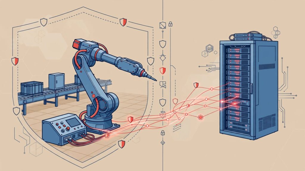 A factory robot connects to an office server rack through glowing network lines.