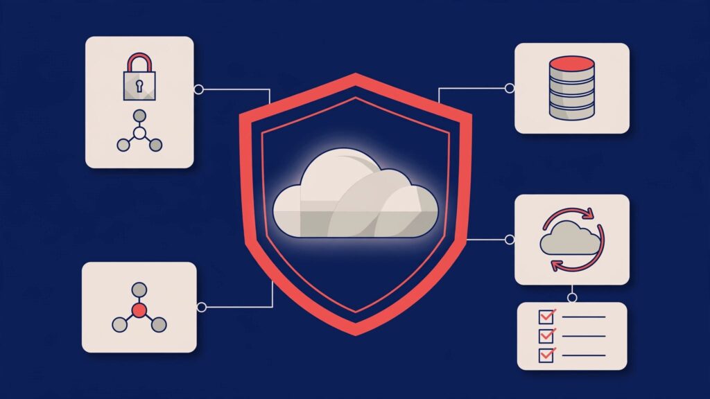 A glowing cloud server protected by a shield and connected to security systems.