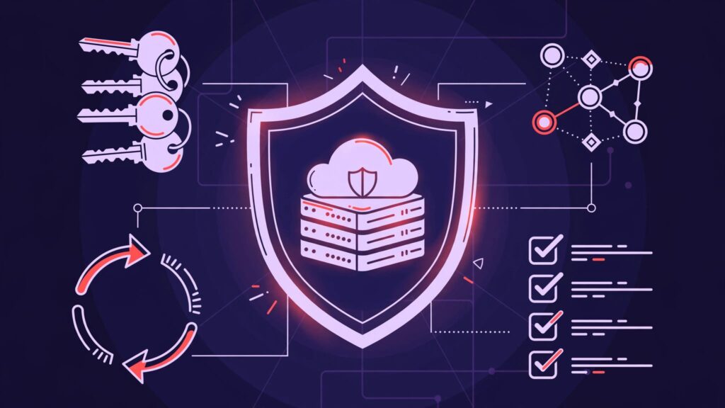 A glowing shield protects a cloud server amid keys, vendor connections, recovery arrows, and a checklist.