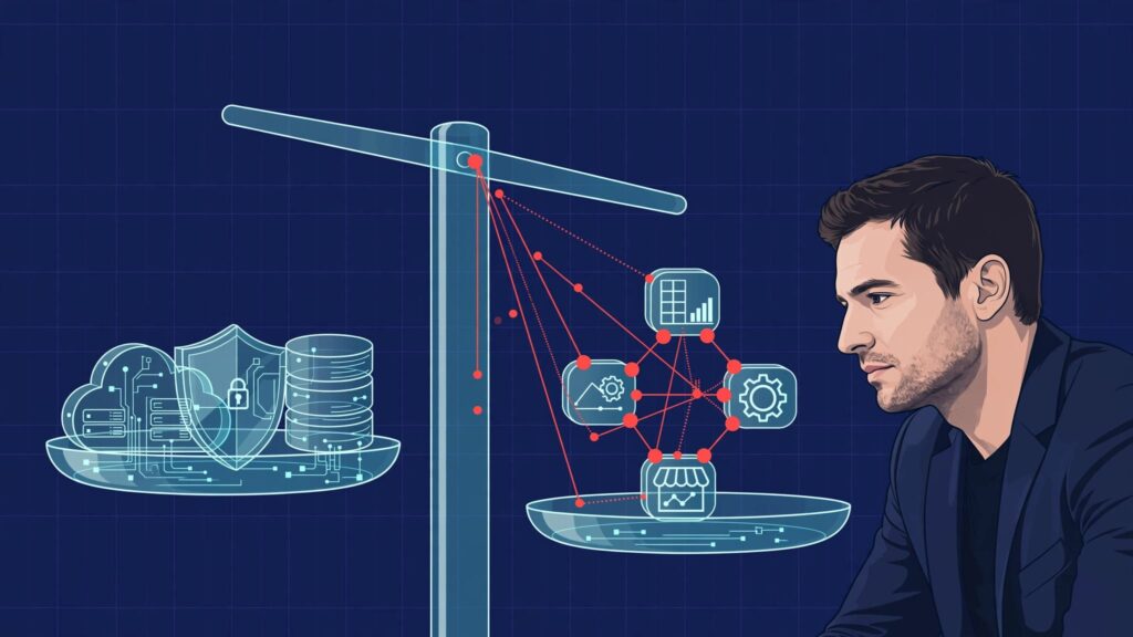 A finance leader studies a balanced scale linking cloud, security, database, and business systems.