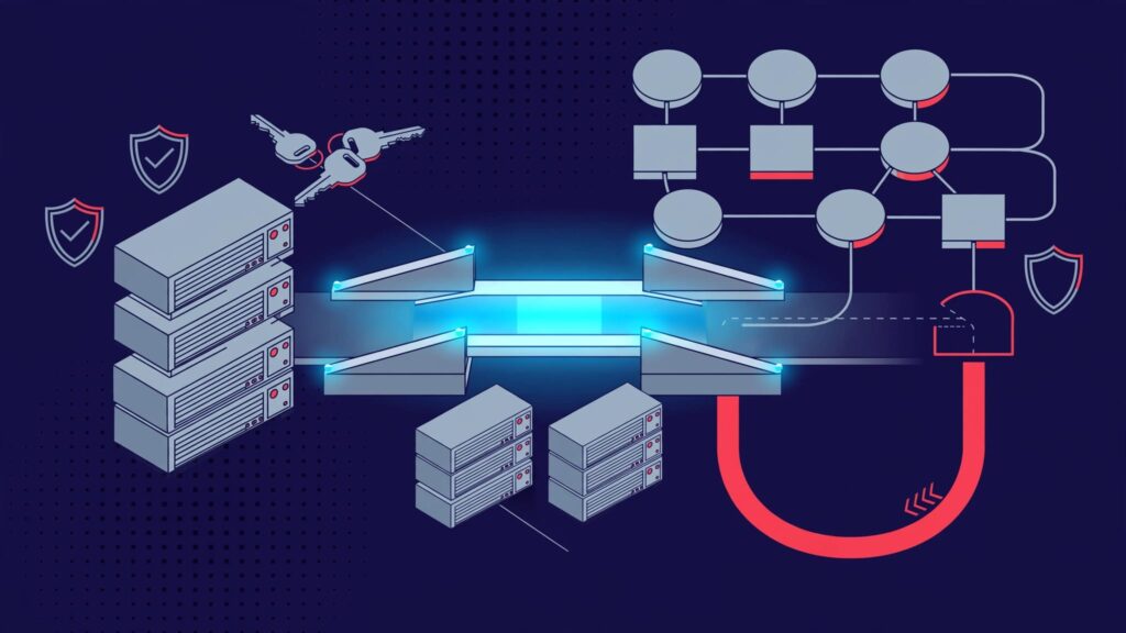 A glowing bridge links servers, security icons, and workflow nodes while one connection takes a backup route.