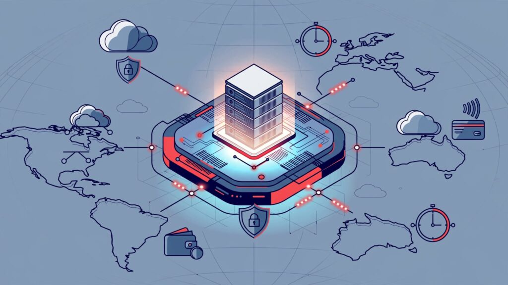 A glowing server hub connects global regions, cloud systems, payment icons, shields, and clocks.