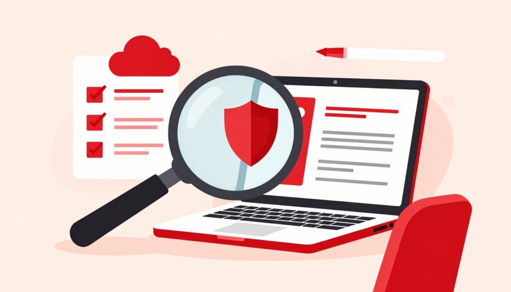 Magnifying glass over a laptop with code, security icons, a checklist, and contract.