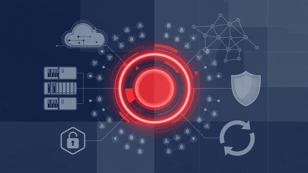 A red alert stands out on a cybersecurity dashboard surrounded by network and protection icons.