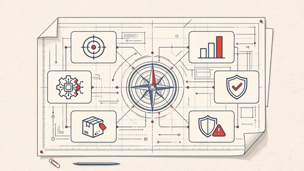 Strategy cards converge around a central compass on a clean technology planning blueprint.