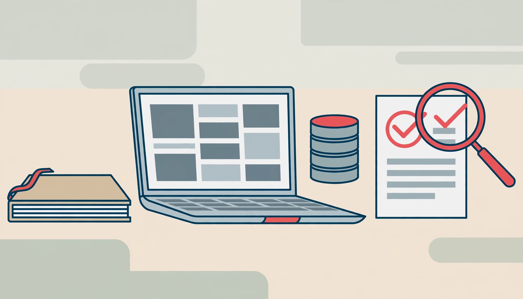 A ledger, laptop, database symbol, and magnifying glass arranged across a clean desk.