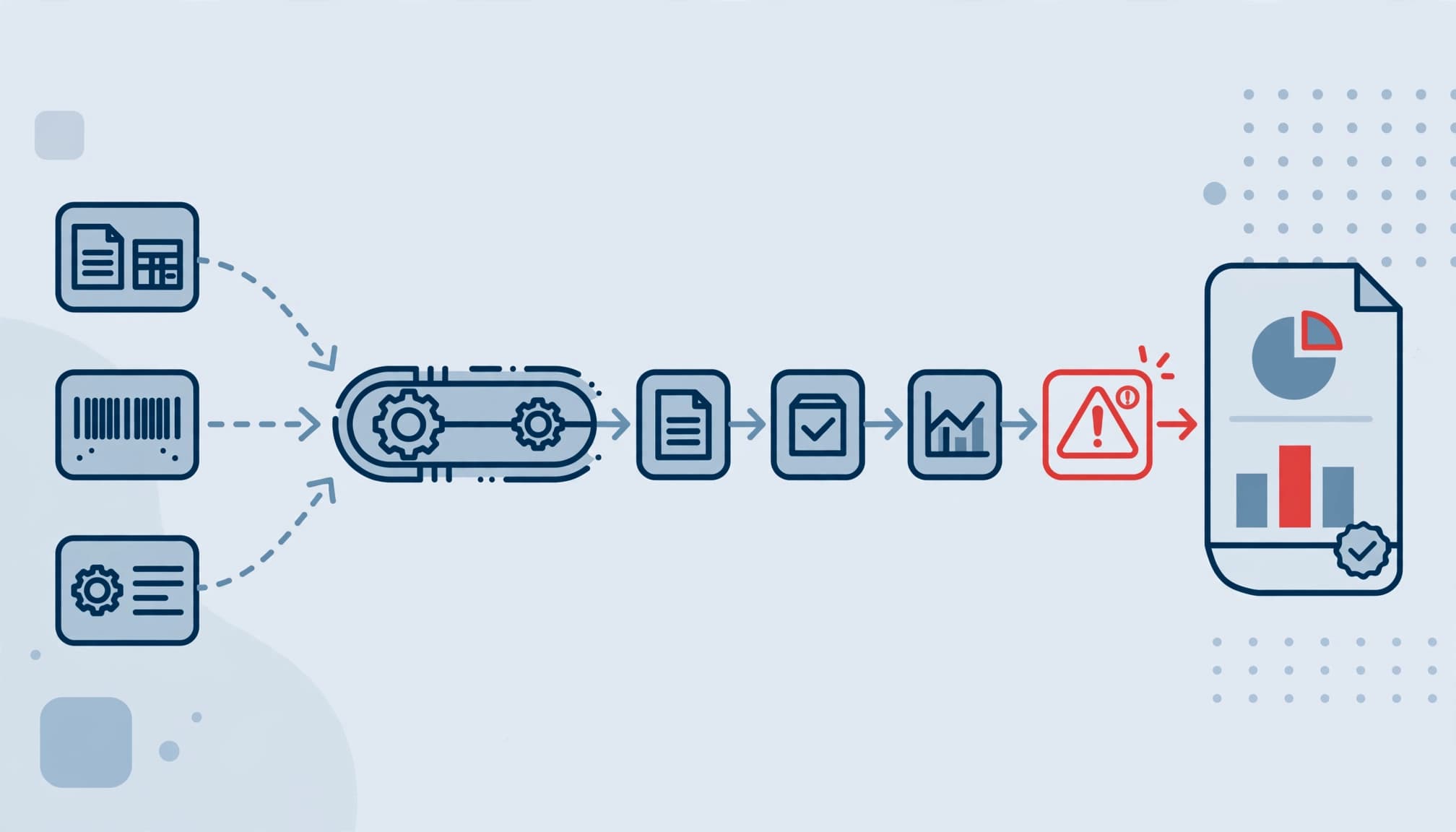 A red mismatched data card moves through a reporting chain toward a financial statement.