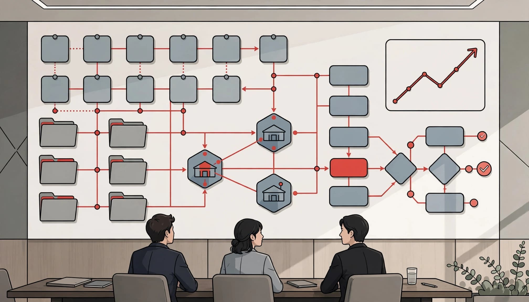 Three executives review a connected fintech risk wall with evidence folders and red pathways.