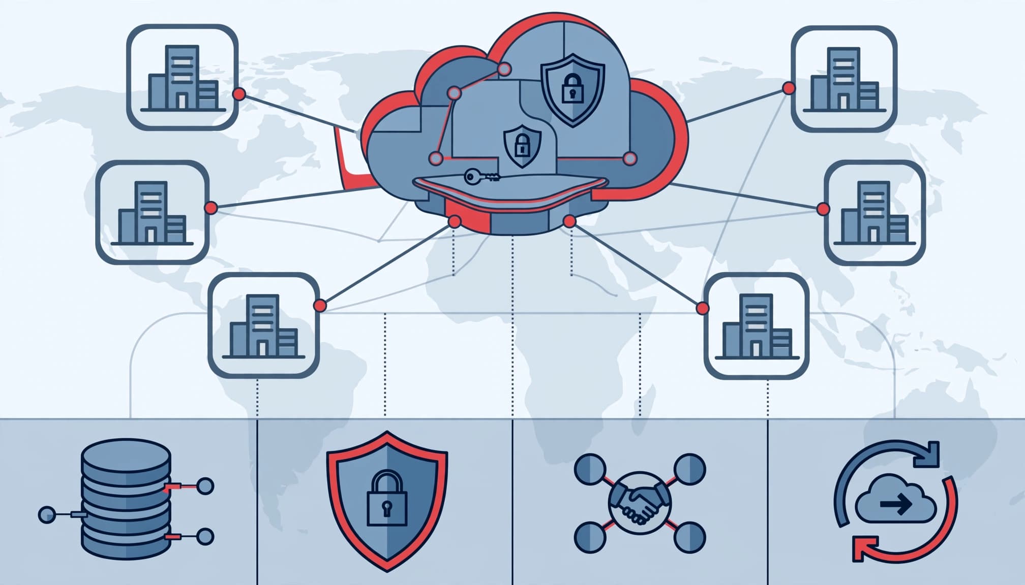 Global office nodes connect to a central system with cloud, security, and recovery links.