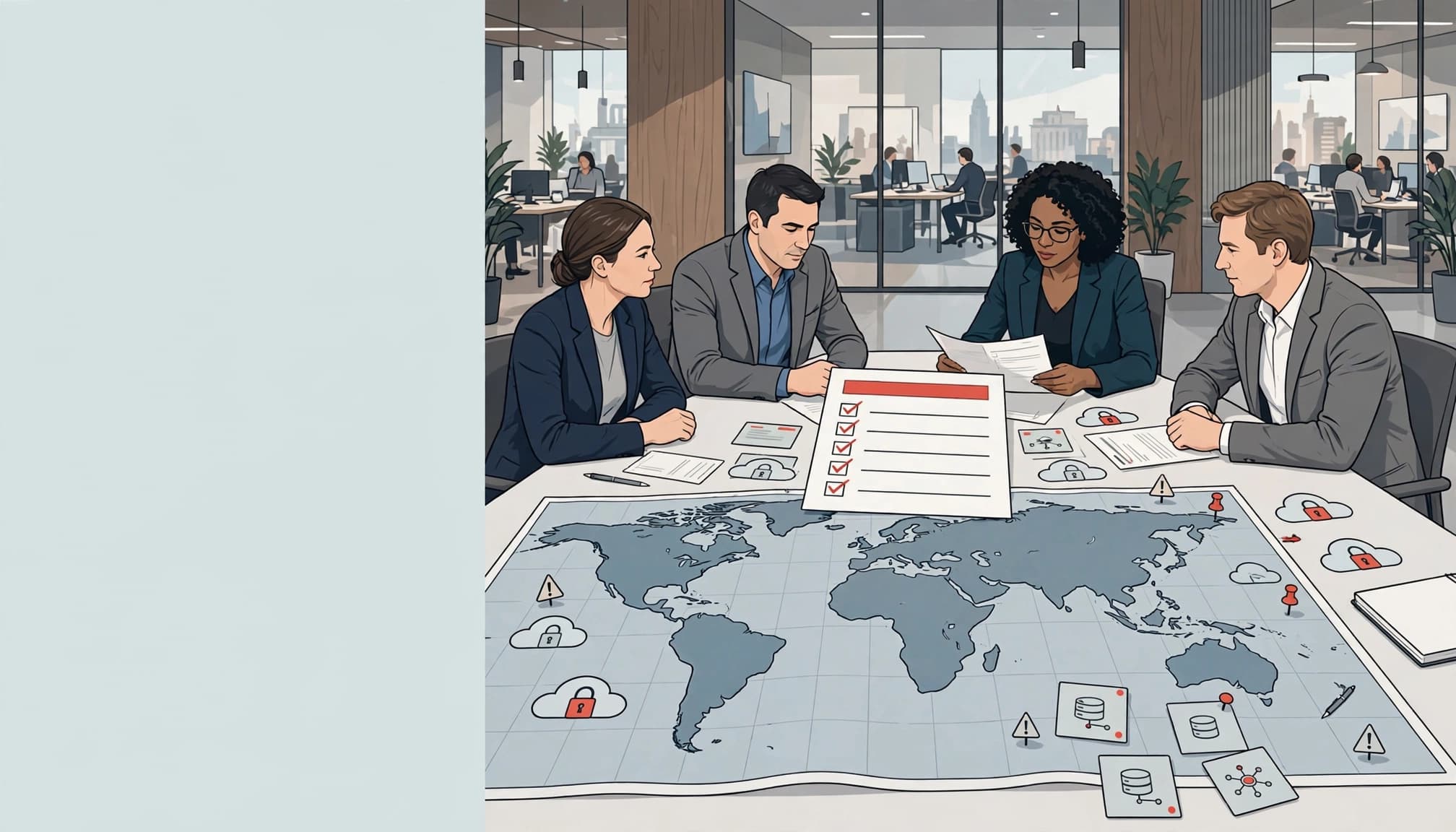 Four executives review a technology checklist and world map around a boardroom table.