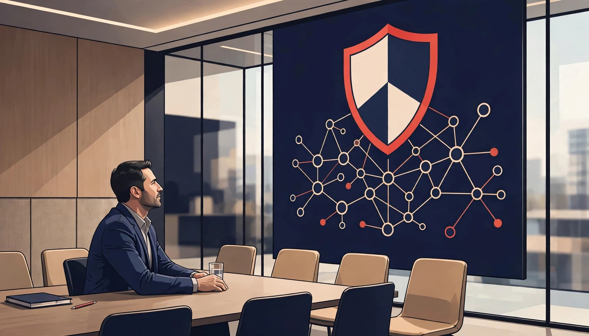 An executive reviews a healthcare security risk map beside empty boardroom chairs.