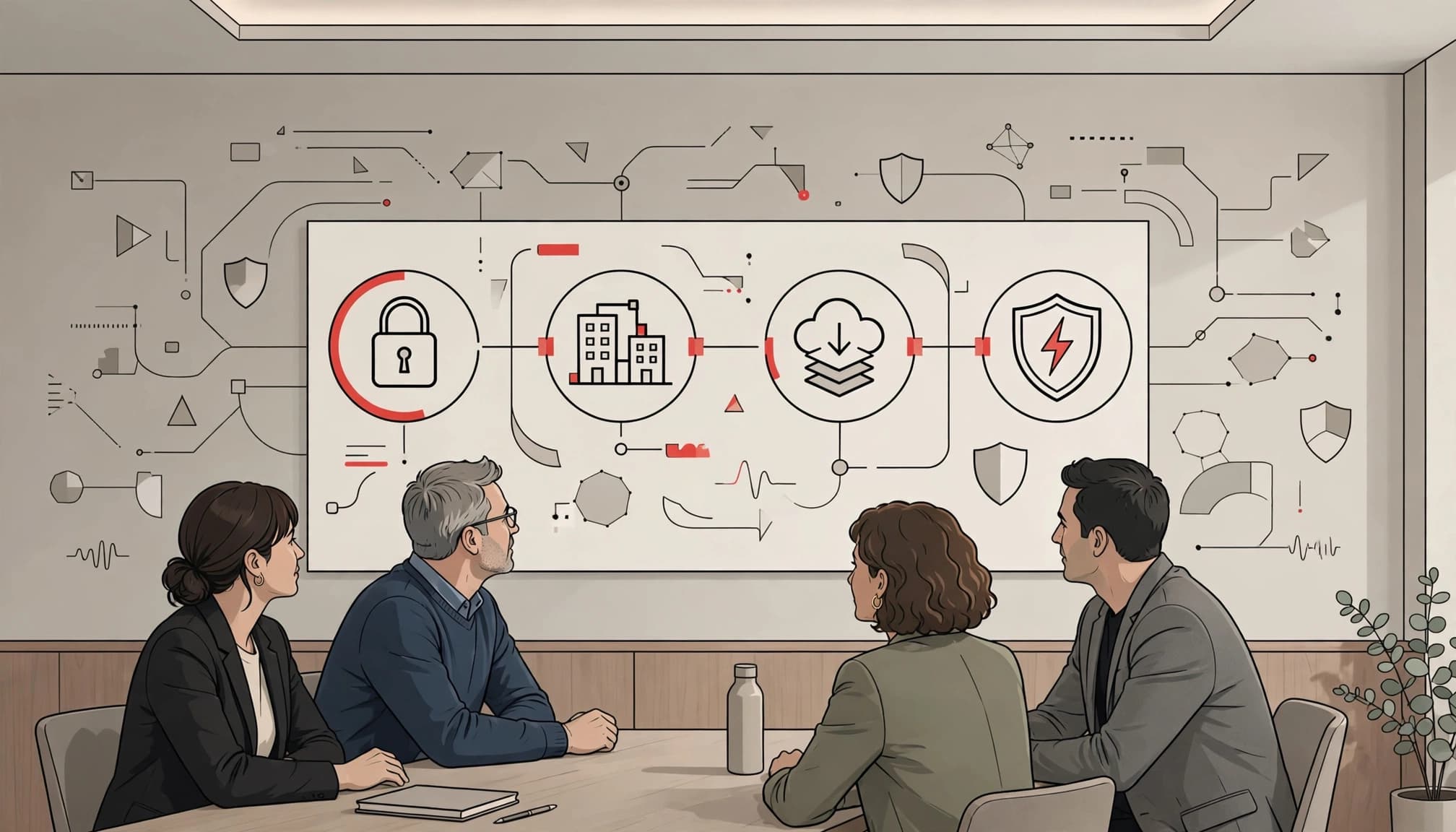Four healthcare executives review a risk dashboard in a modern conference room.