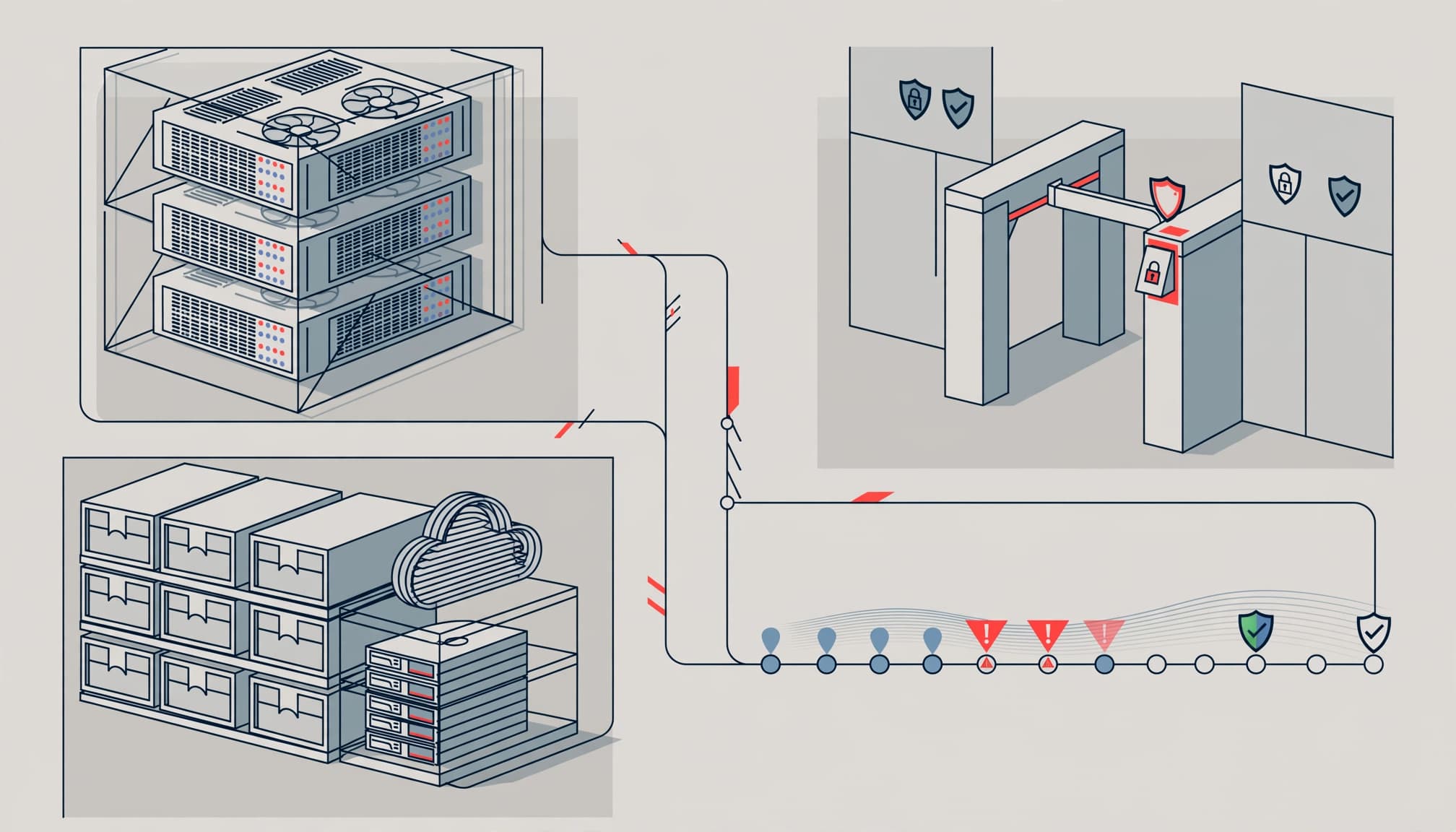 Illustration of server security, access controls, backups, and incident alerts.