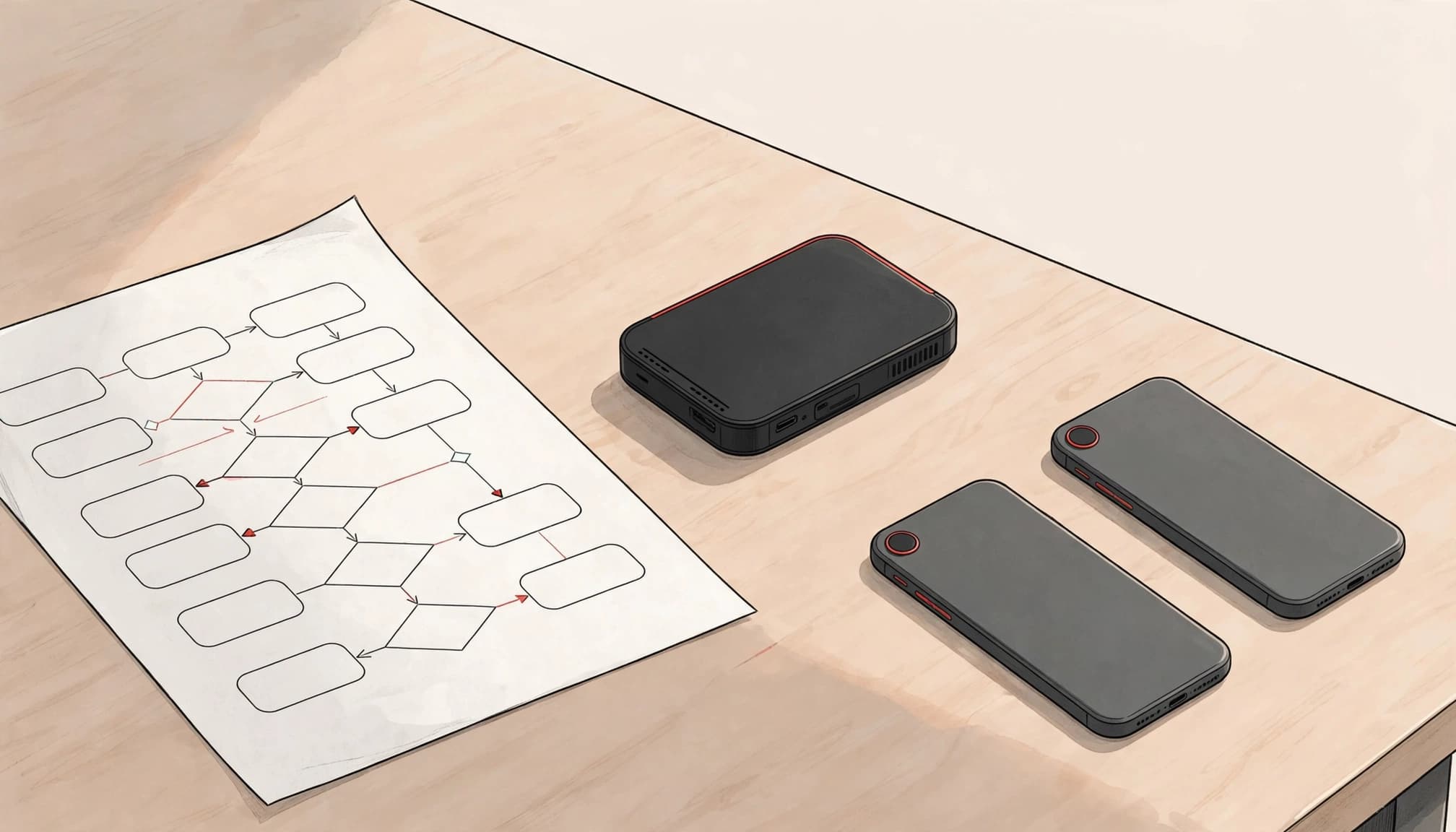 A backup drive, blank flowchart, and two face-down phones on a conference table.