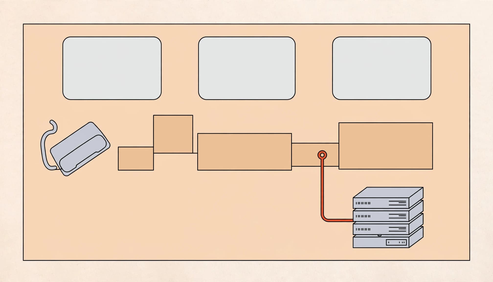Blank role cards, a phone, and an incident timeline sit beside a linked backup server.