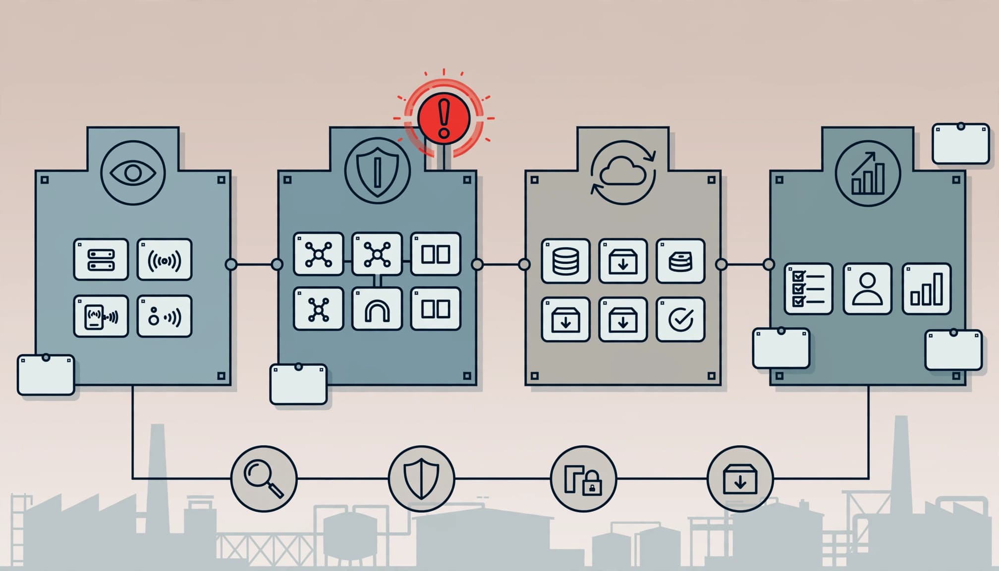 Illustrated cybersecurity wall with four connected zones and one red alert marker.