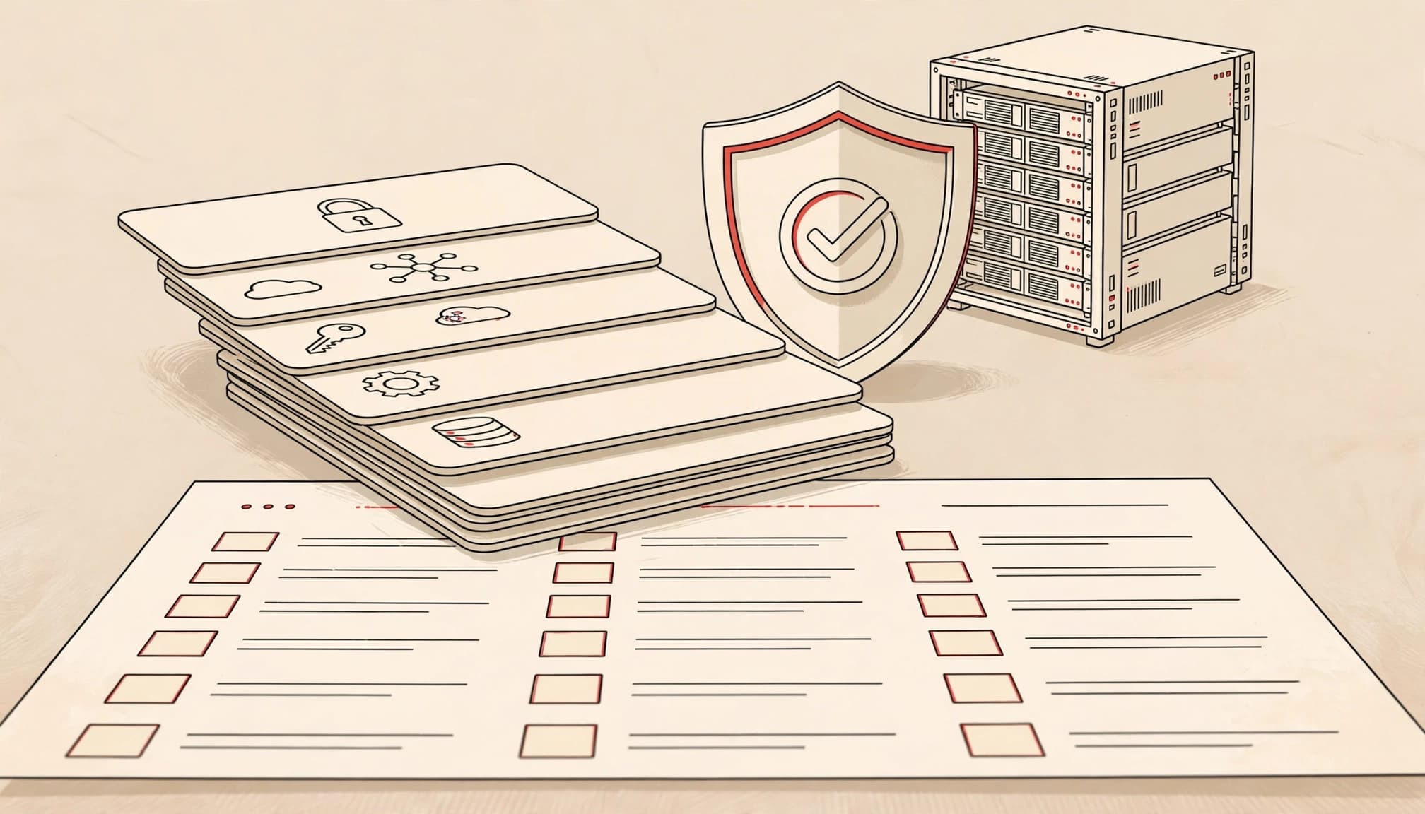 An empty checklist sits in front of a shield, server rack, and stacked control cards.