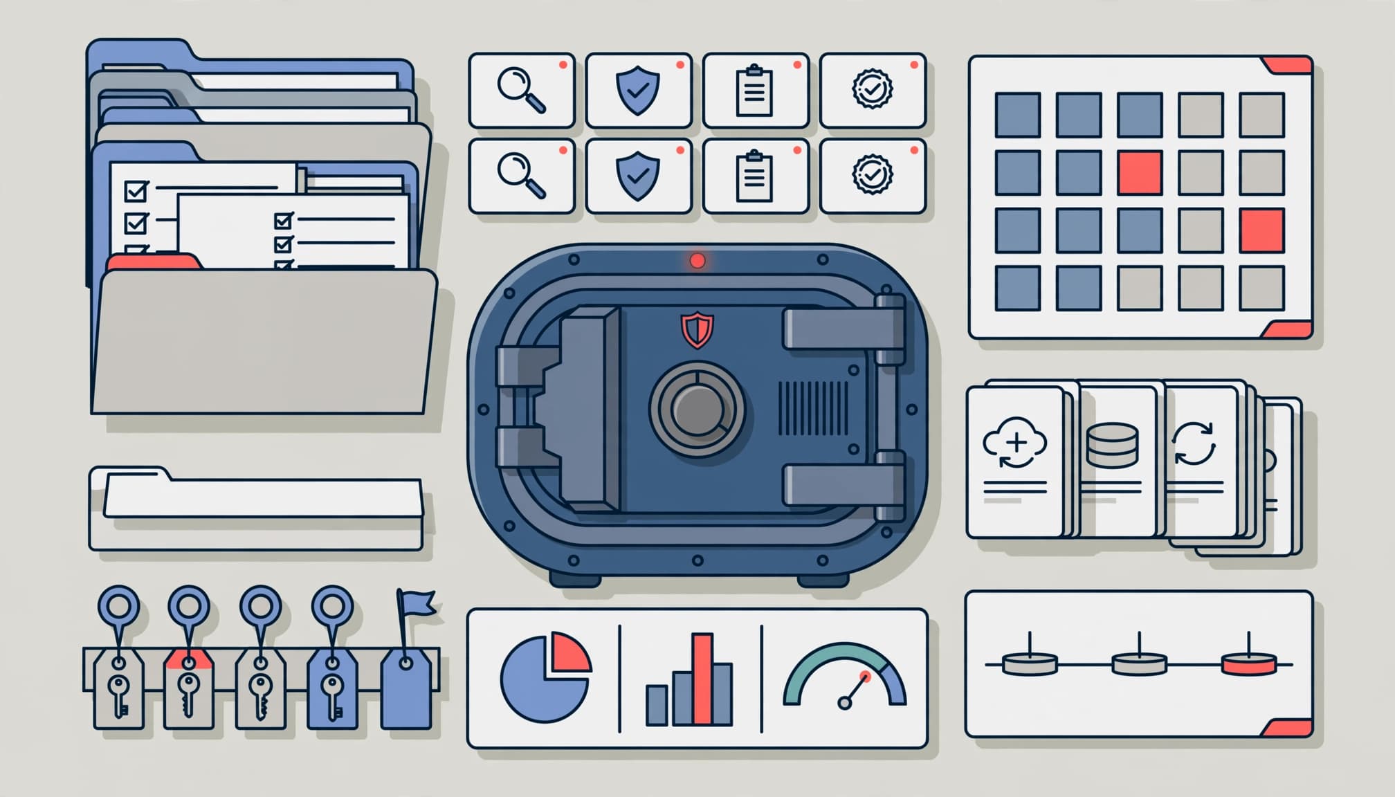 Organized audit records and risk documents surround a secure central data vault.