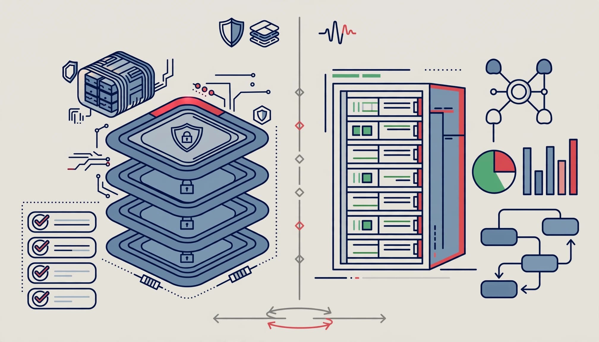 Layered backup vaults and a restored system shown in a clean operations center.