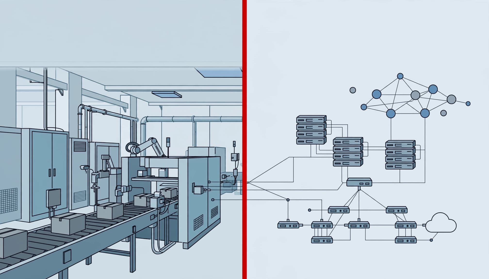 Factory equipment and connected office systems separated by a red boundary.