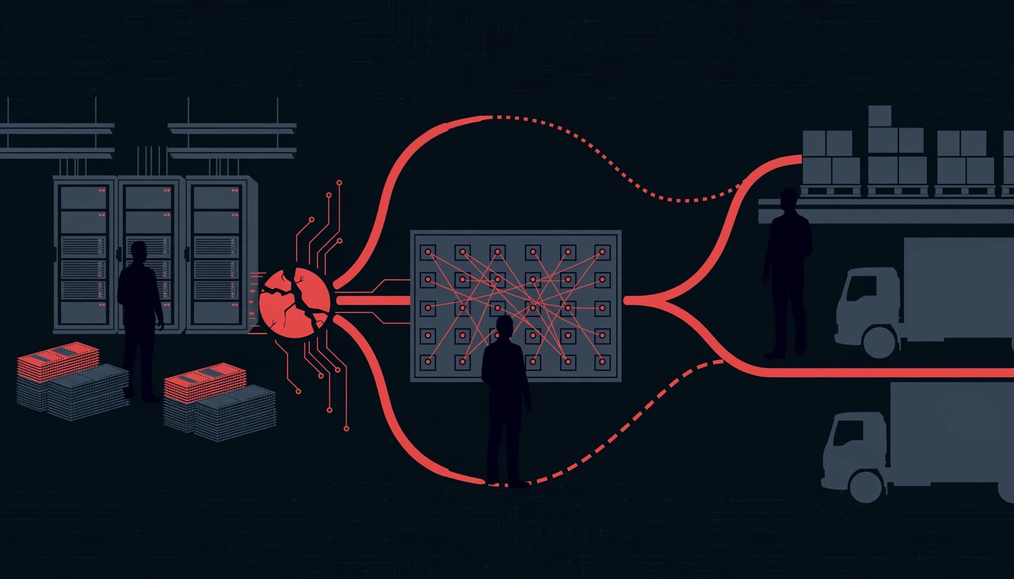 Three silhouettes oversee backup servers, shipping labels, and alternate routes in a warehouse recovery scene.