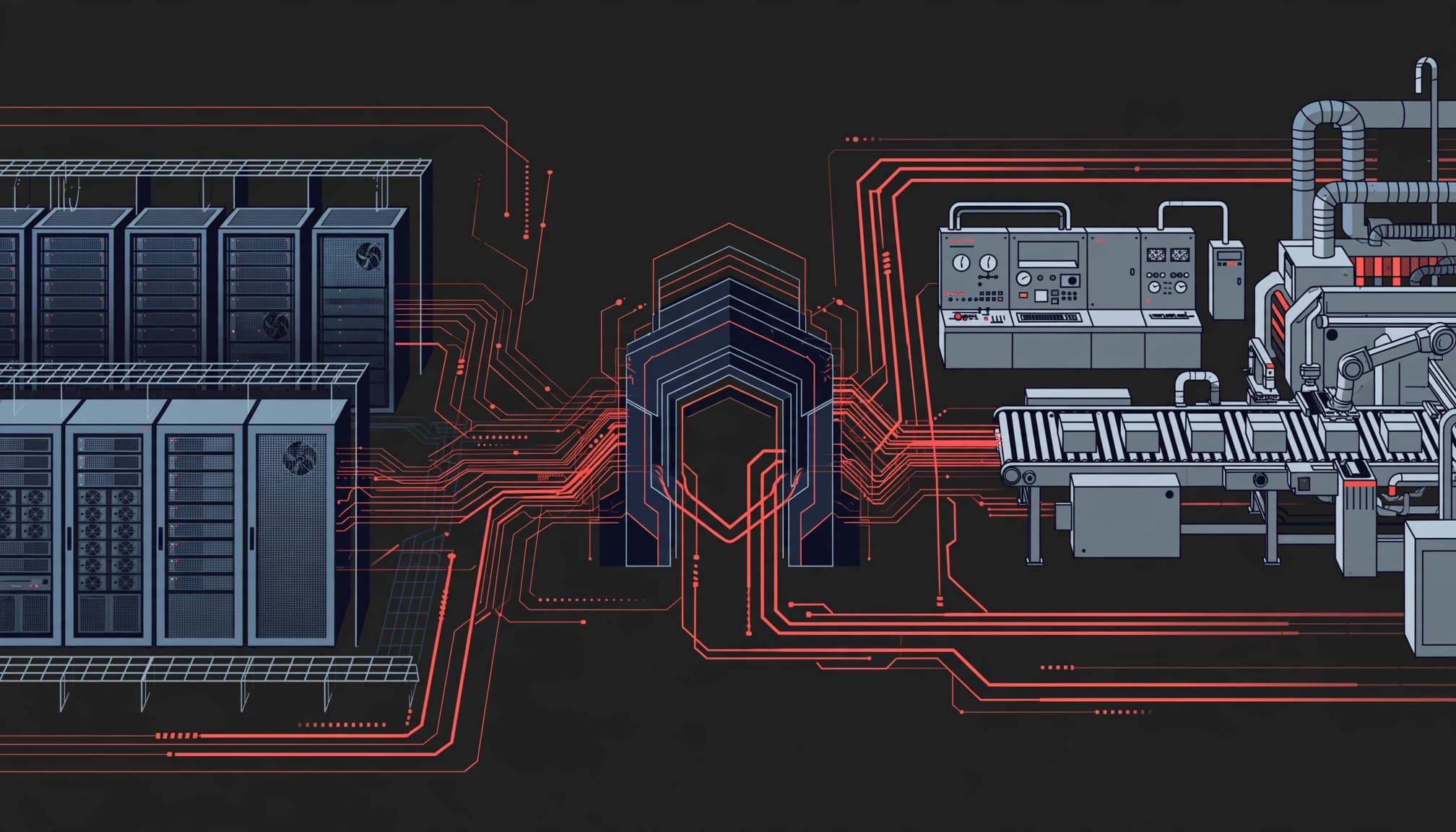 Factory servers and production equipment linked through a secure gateway.
