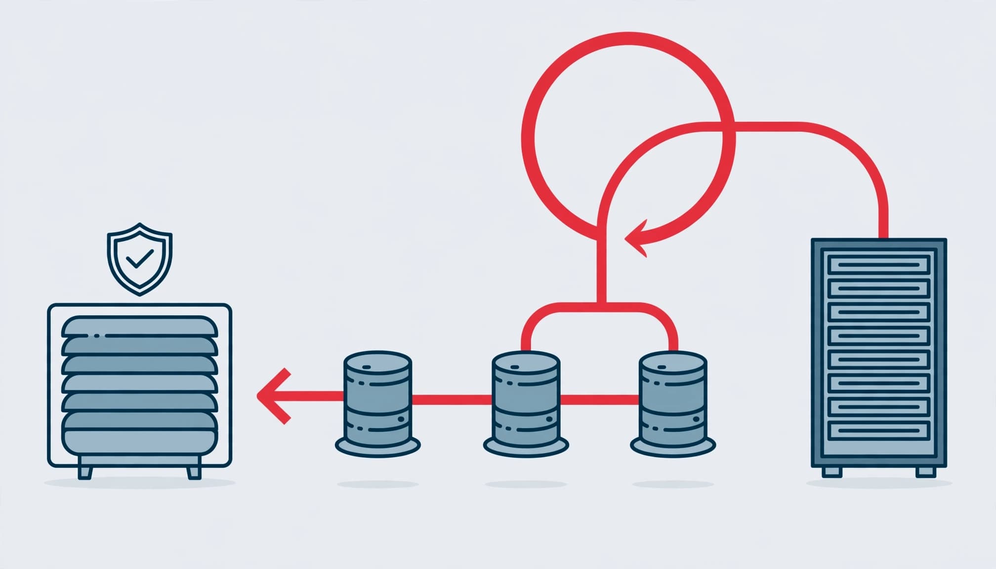 Layered backup vaults and storage nodes linked by a red recovery arrow.