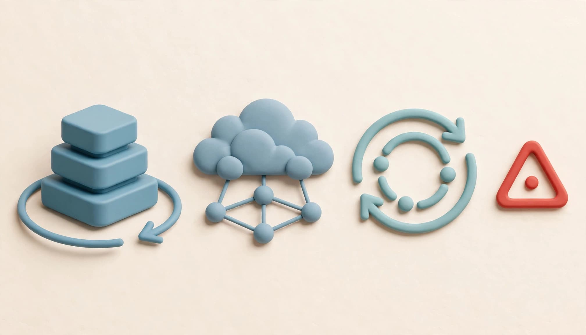 Revenue blocks, cloud nodes, retention loops, and a red caution marker form a left-to-right sequence.