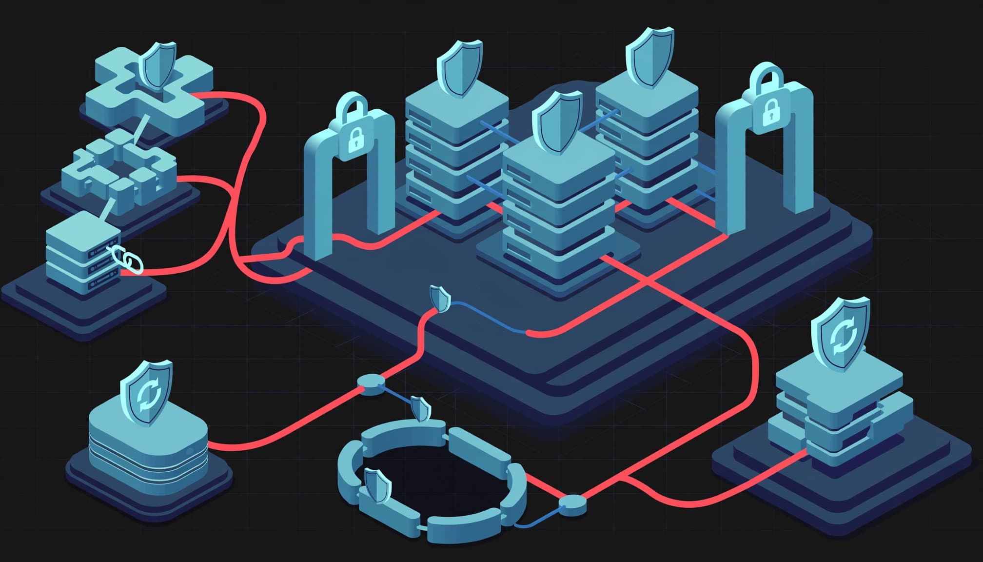 Abstract security systems connect through access, vendor, and recovery pathways on a dark platform.