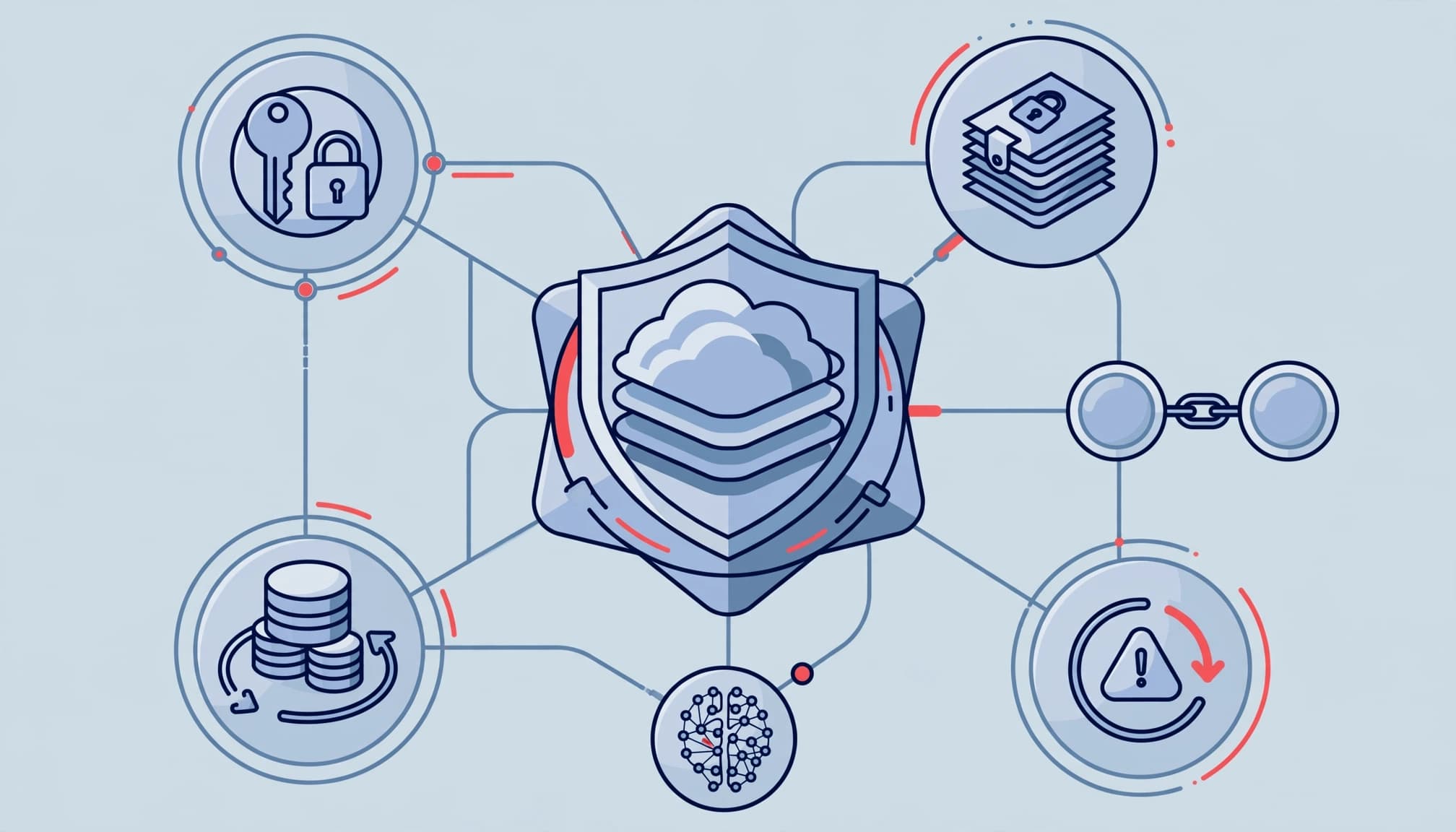 A central cloud platform linked to access, privacy, vendor, response, backup, and governance safeguards.