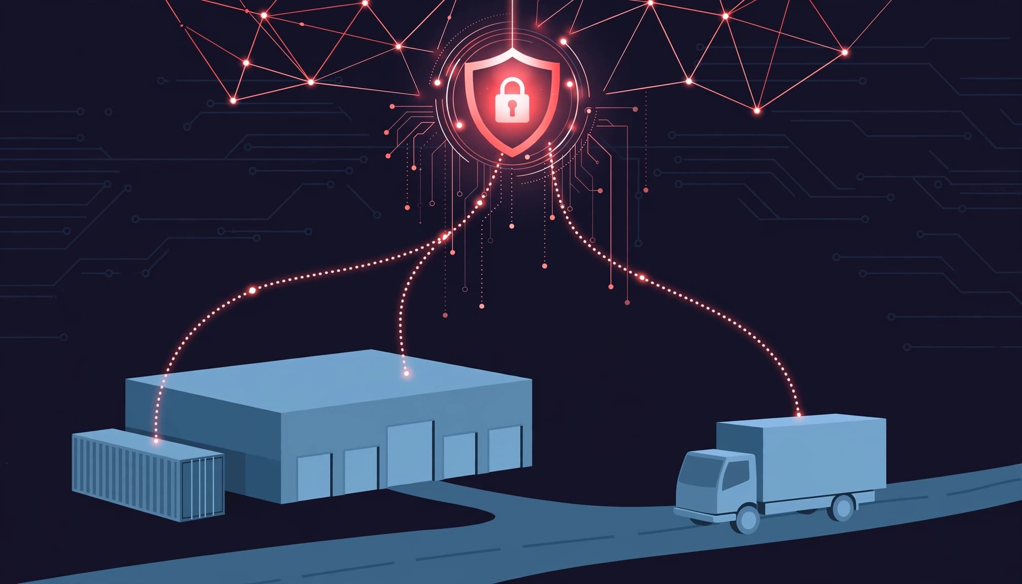 A warehouse, cargo container, and delivery truck linked to a central shield by red route lines.