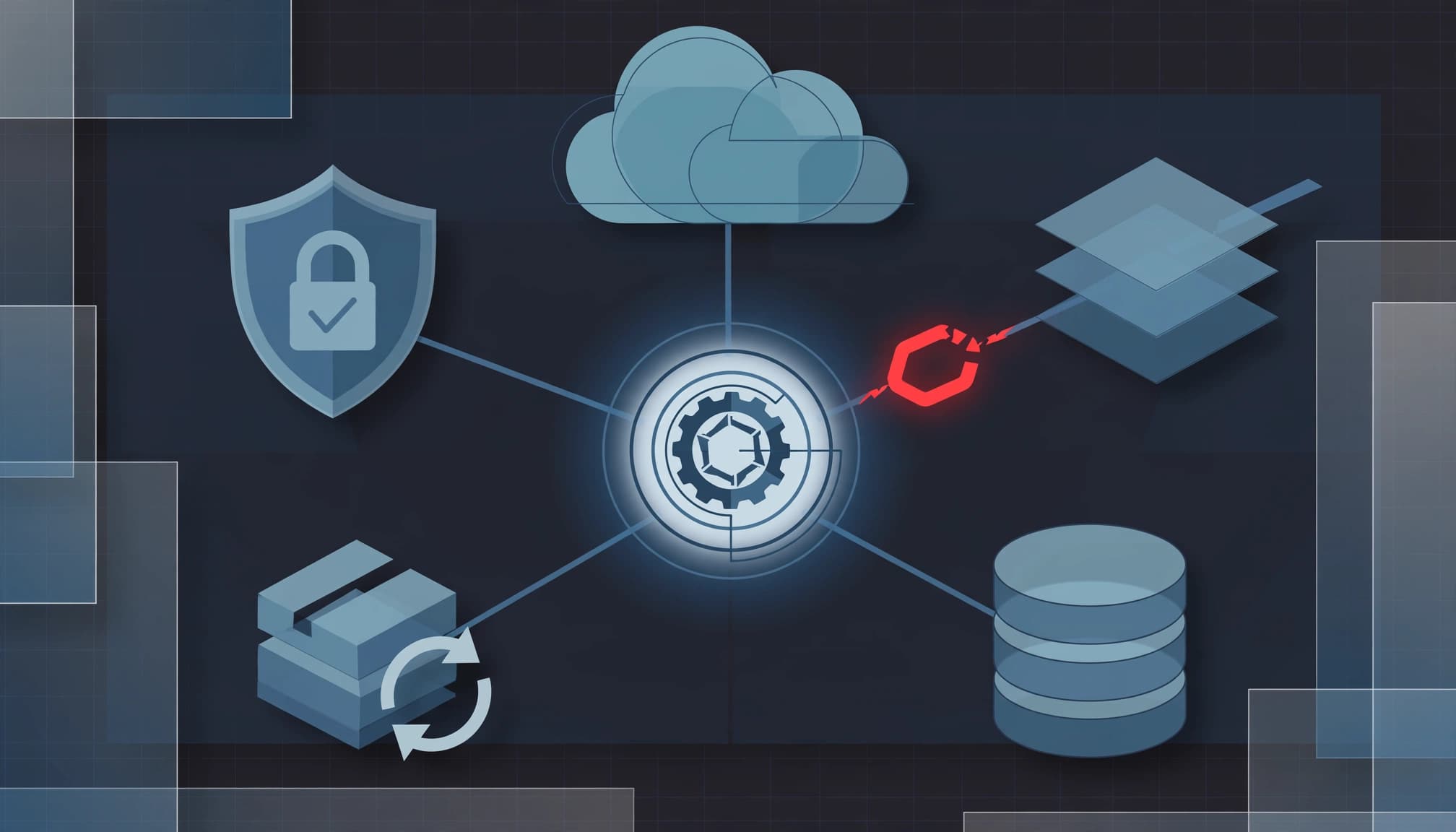 Abstract network linking business operations with cloud, storage, security, and backup systems.