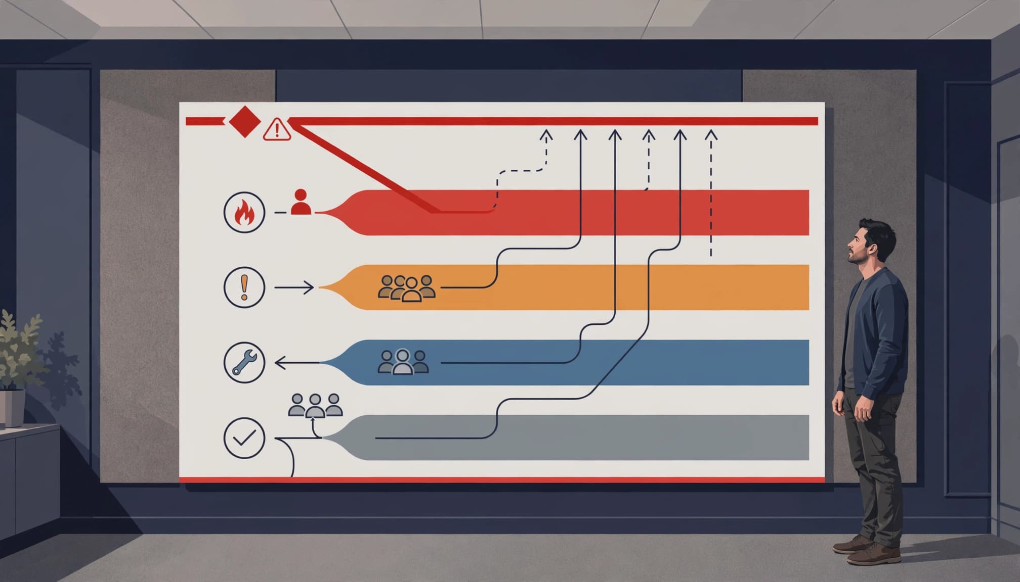 One person reviews a four-level incident escalation board with red threshold markings.